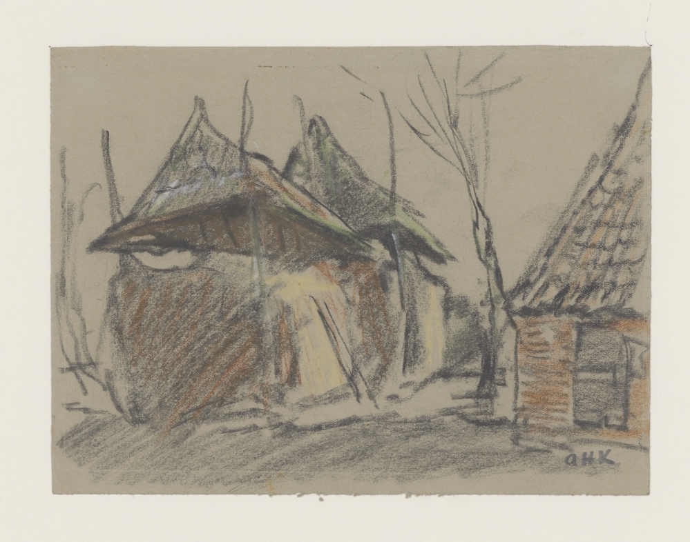 Twee hooischelven met gedeelte boerenhuis