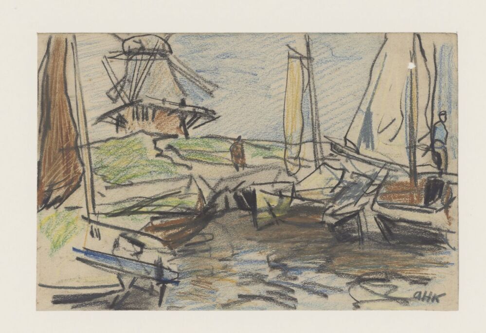 Water met zeilschepen, waarachter een molen