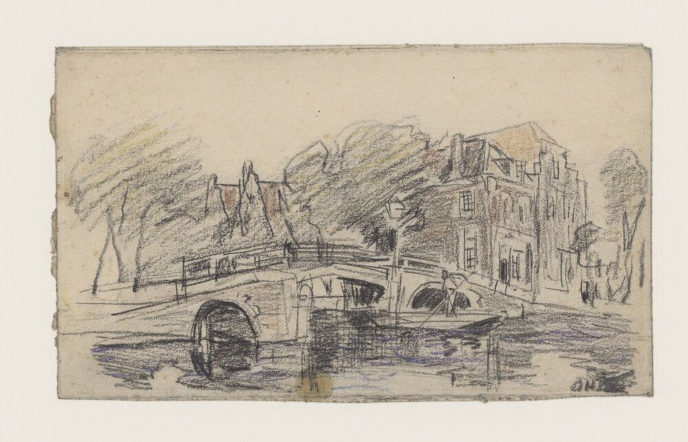 Stadsgracht met brug en enige huizen