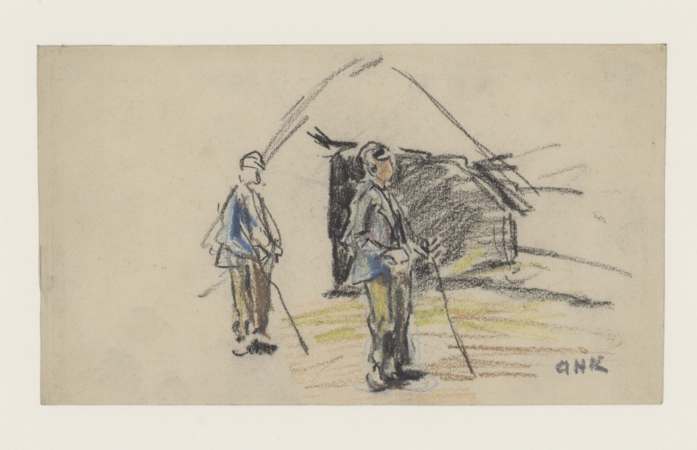 Twee mannen voor een hooischuur