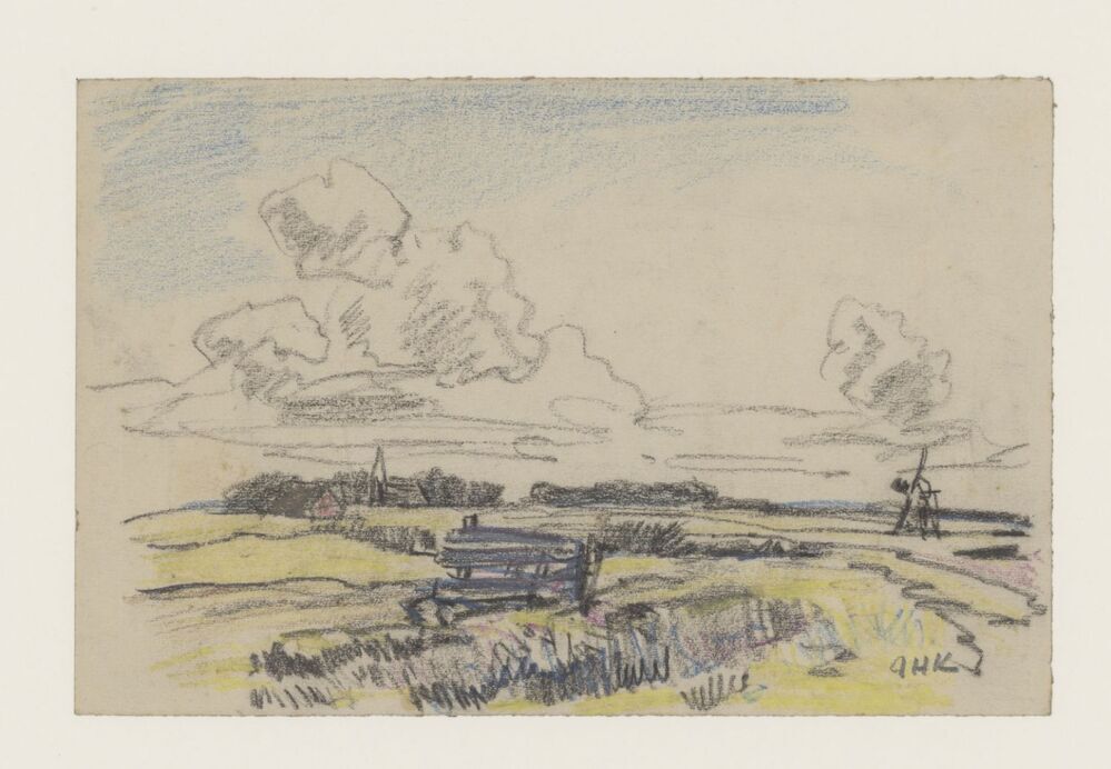 Landschap met molen en kerktoren