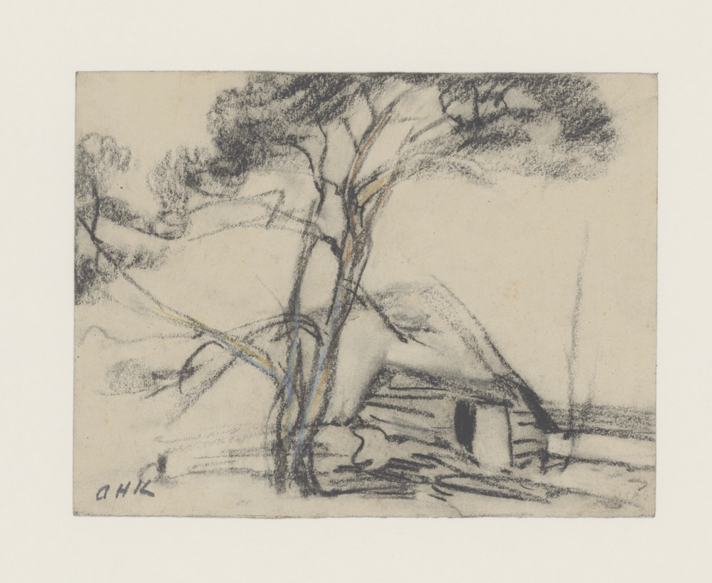 Boerenschuur met enige bomen