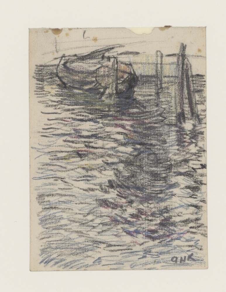 Scheepje aan de wal in golvend water