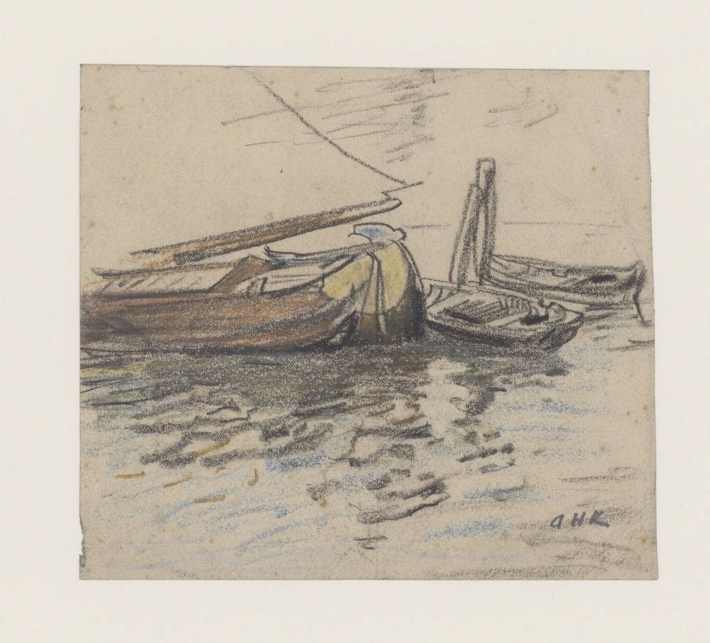 Achterstuk van tjalk met twee roeiboten