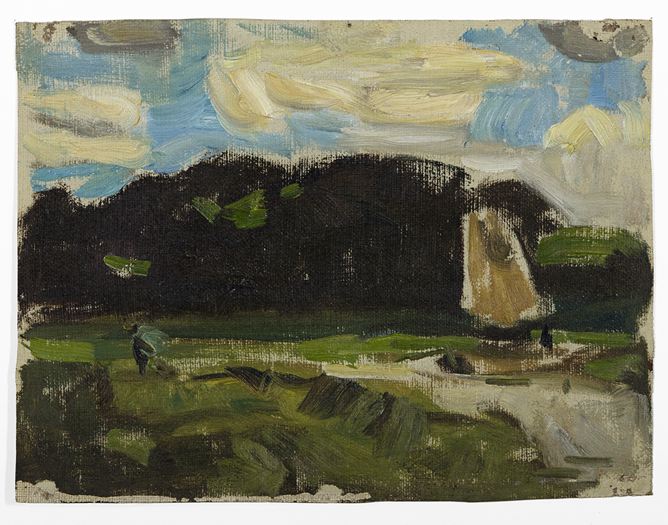 Zeilscheepje in landschap (studie)