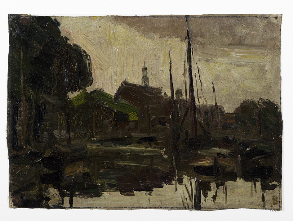 Stadsgezicht Groningen met diep, schepen en kerk (studie)