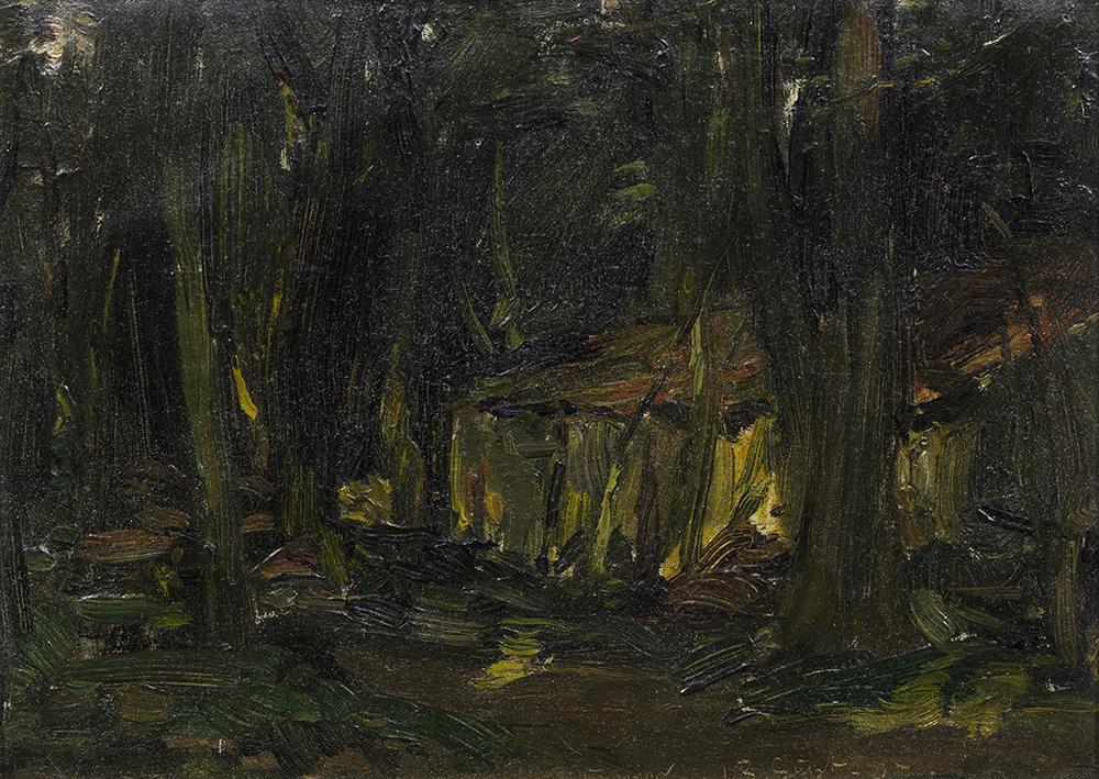 Schuur tussen bomen (studie)