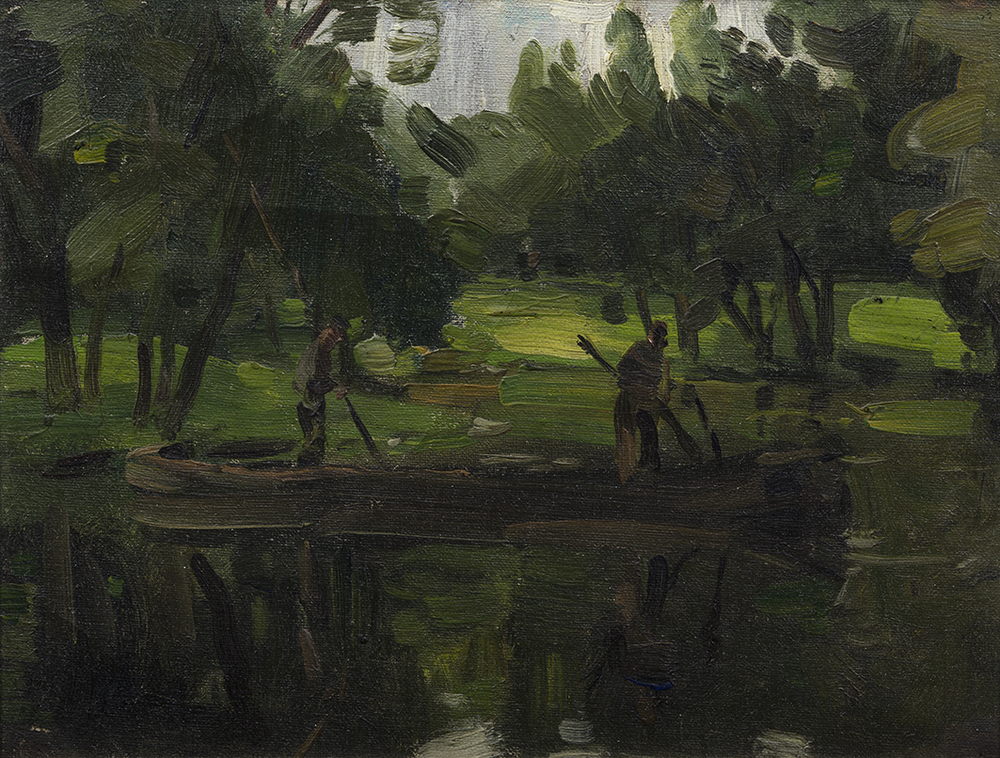 Man en vrouw op een platbodem (studie)