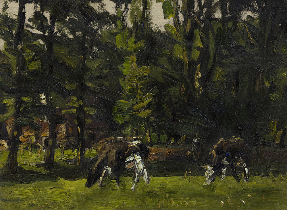 Koeien in weiland met bomen, schuur op de achtergrond (studie)