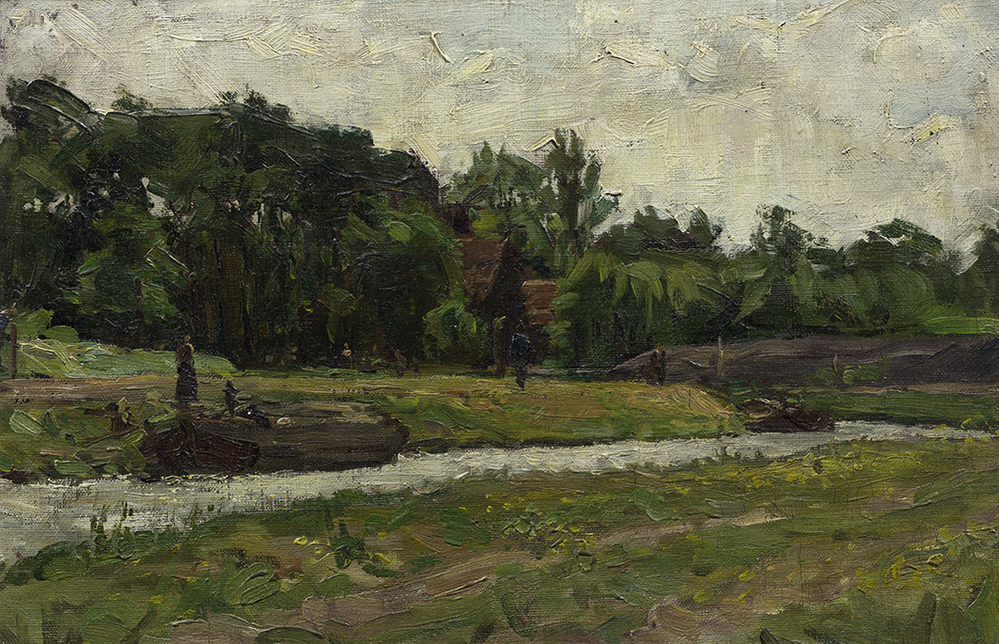 Landschap met twee schuiten in een vaart (studie)