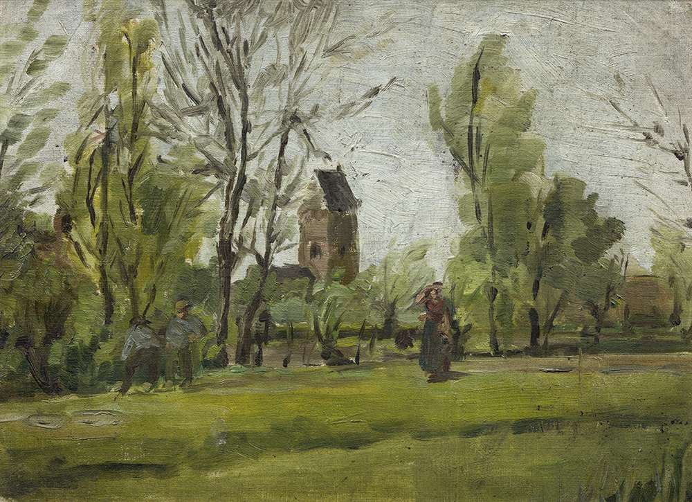 Wandelaars op weggetje langs bomen, kerktoren op de achtergrond (studie)