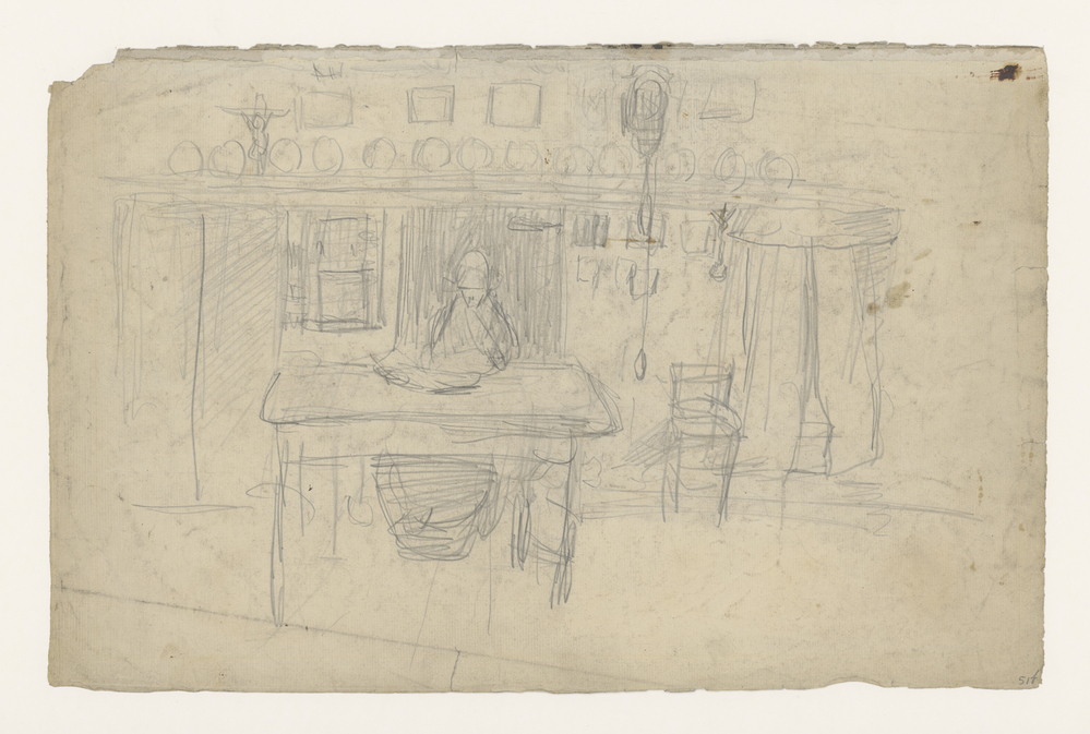 Interieurschets met persoon aan tafel