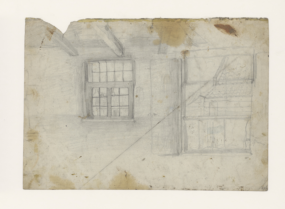 Binnenkant van een zolder met uitkijk door een venster