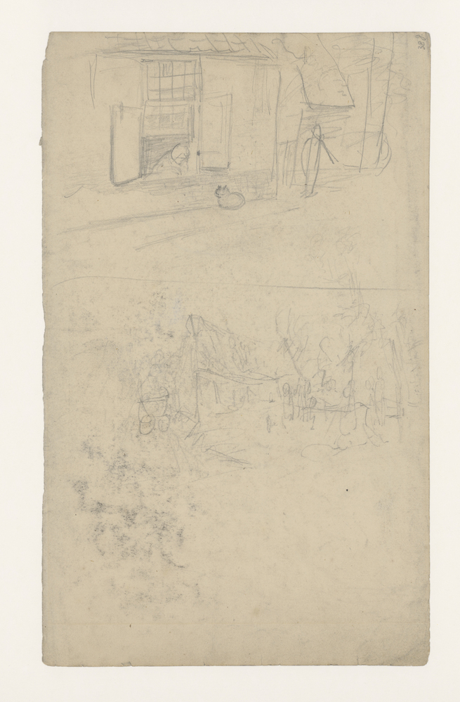 Zijmuur van een huis met openstaand venster waar een vrouw achter zit