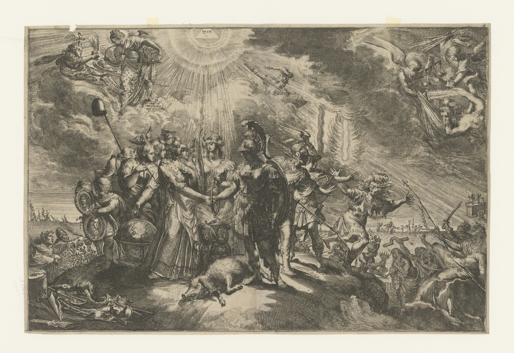 Engeland geeft de hand van trouw aan de geharnaste Nederlandse maagd.(uit de serie: Schouwburgh der Nederlandse Veranderingen)