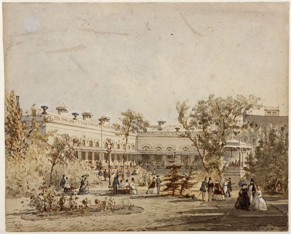 Sociëteit 'De Harmonie', Oude Kijk in 't Jatstraat westzijde; tuin met muziekkoepel en open veranda