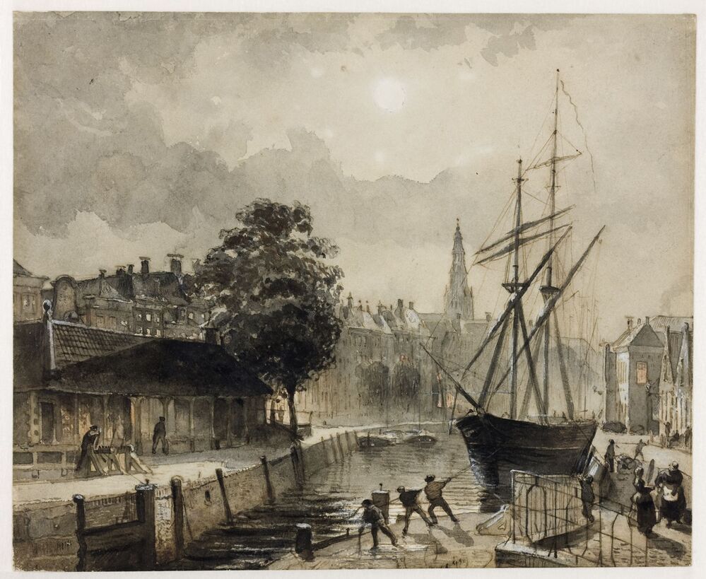 'Zuiderhaven'; Hoge der A, met visbanken, en Lage der A gezien naar het zuiden; op de voorgrond de 'Kleine Spilsluis'