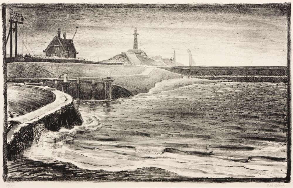 Sluis met dijk, huis en vuurtoren