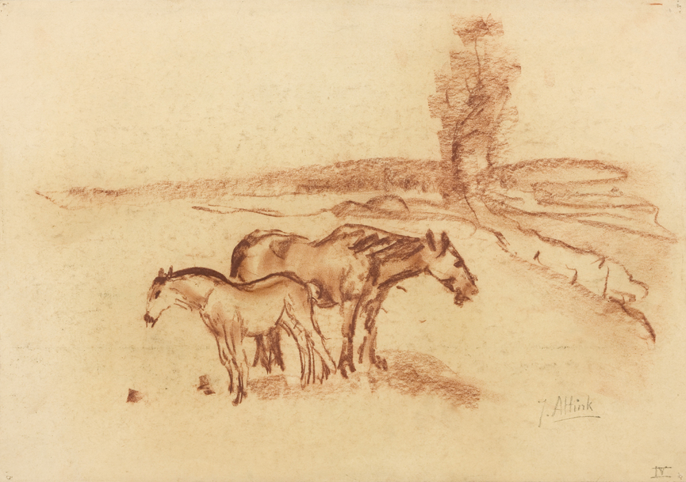 Merrie met veulen in landschap