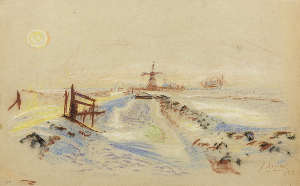 Winterlandschap met ondergaande zon