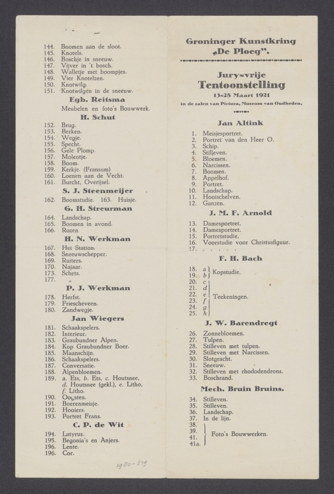 Catalogus Groninger Kunstkring "De Ploeg'. Jury-vrije Tentoonstelling, 13 - 28 maart 1921