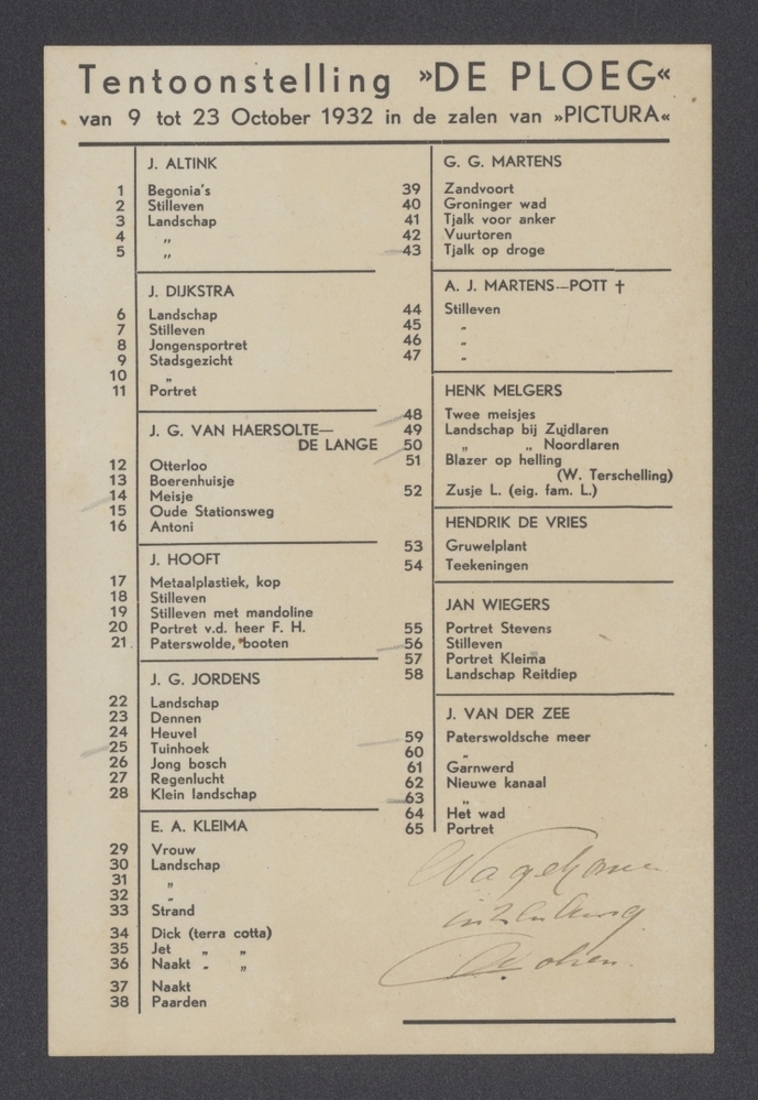 Catalogus tentoonstelling De Ploeg van 9 - 23 okt. 1932 in de zalen van Pictura