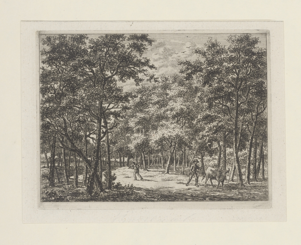 Boslandschap met twee figuurtjes en koe