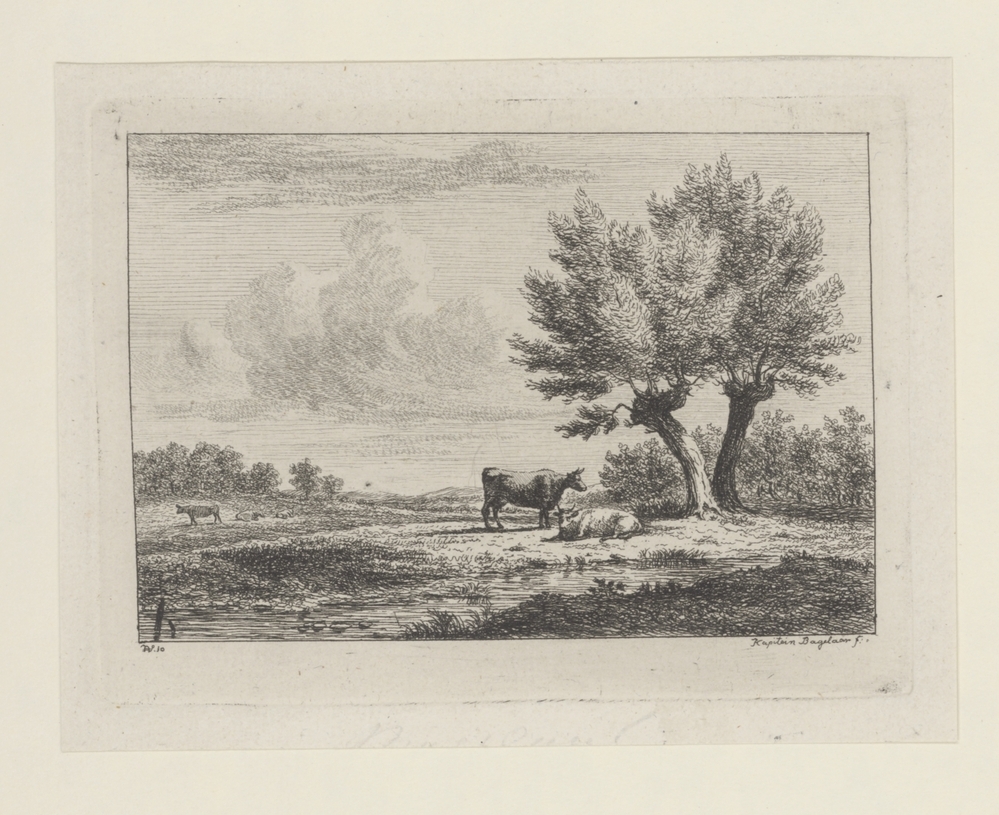 Landschap met twee koeien bij een wilg