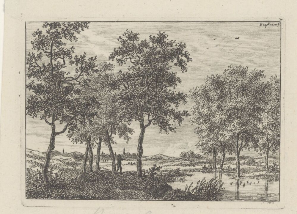 Landschap met jager die op wilde eenden schiet