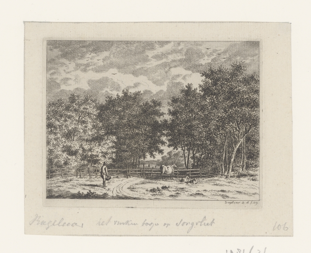 Bosgezicht met figuur en vee (uit serie: Het Vinkenbos op Sorgvliet)