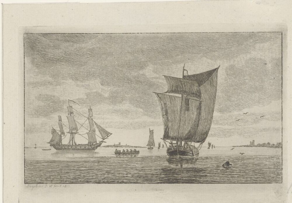 Riviergezicht met zeilschepen en een roeiboot met zeven personen