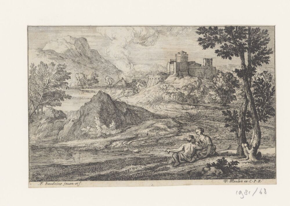 Heuvellandschap met twee figuren en gebouw