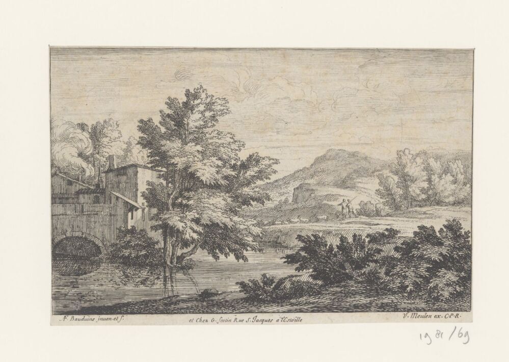 Heuvellandschap met gebouw en herders