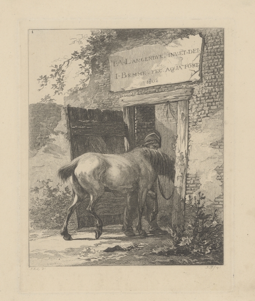 Een staljongen brengt een paard op stal (Titelblad serie: Paarden met knechten)