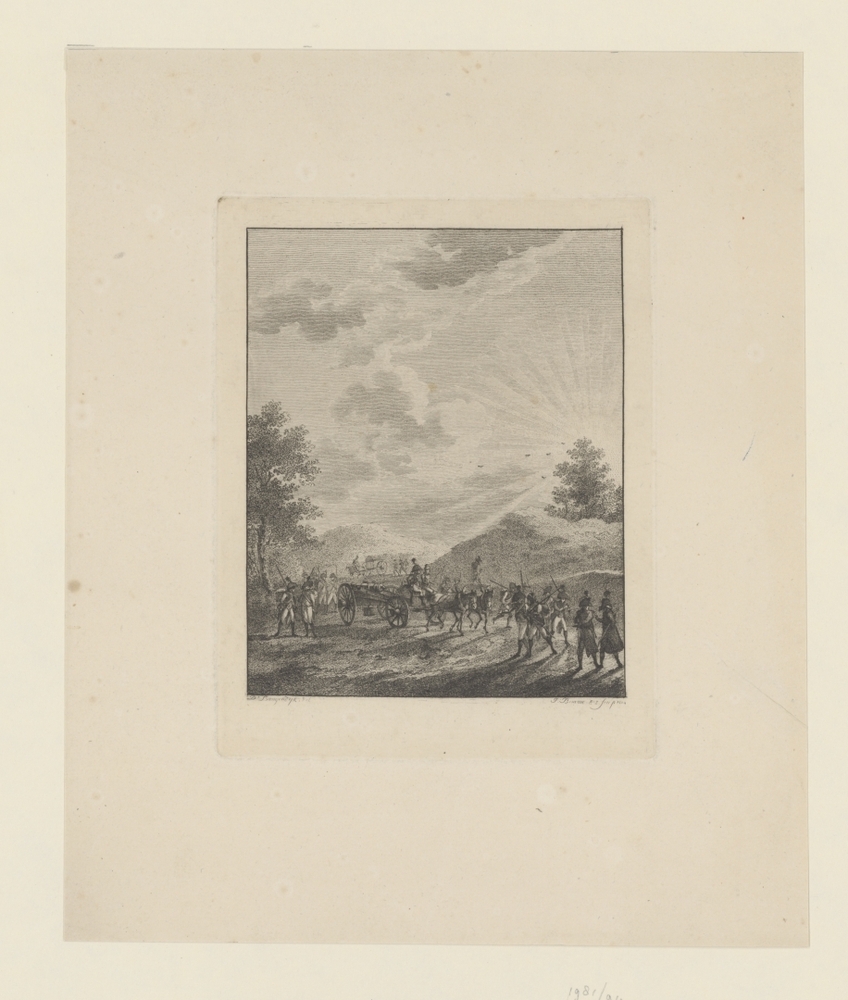 Infanteristen in een zonovergoten landschap (serie: Zes landschappen met soldatenstaffage)