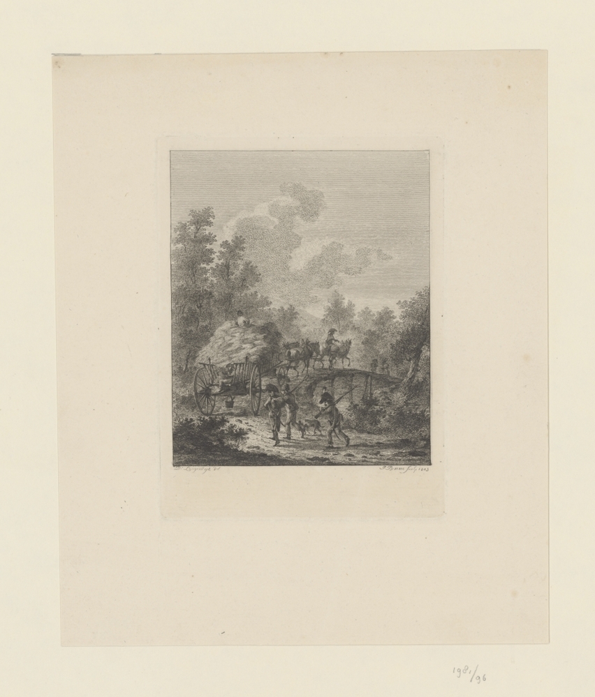 Stoet soldaten bij brug (serie: Zes landschappen met soldatenstaffage)