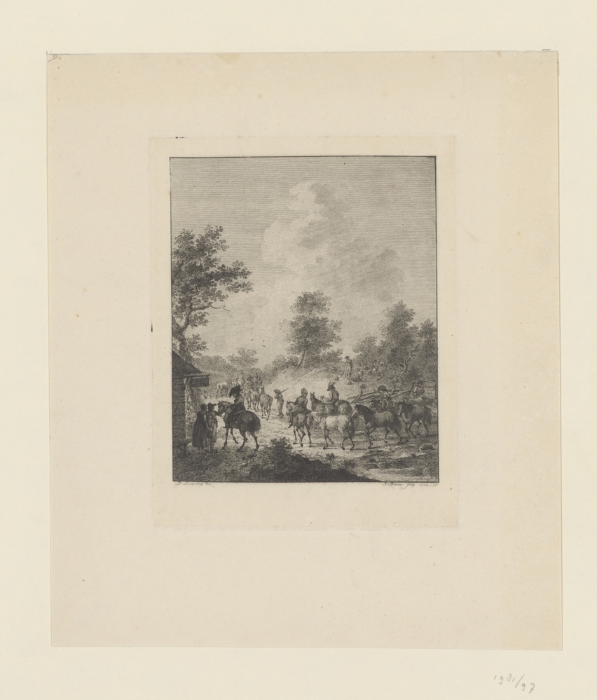 Een groep cavaleriepaarden bij een herberg (serie: Zes landschappen met soldatenstaffage)