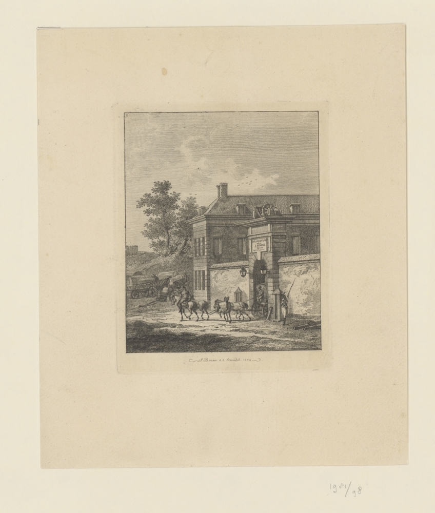 Stoet vertrekkend uit een poort (titelpagina serie: Zes landschappen met soldatenstaffage)