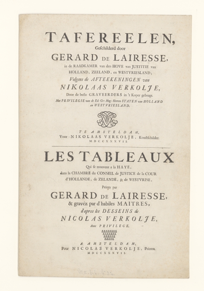 Tekstblad met de titel van een prentserie naar de schilderijen van Gerard de Lairesse