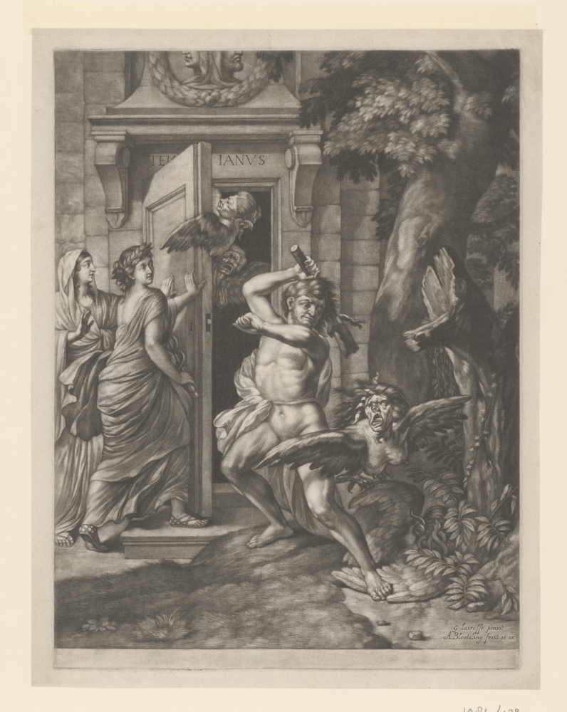 Allegorie op de Vrede van Nijmegen (1678): Hercules verslaat de harpijen voor de tempel van Janus