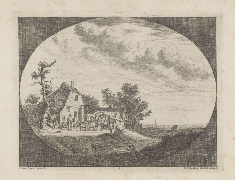 Landschap met herberg en rustende paarden en wagens en ruiters