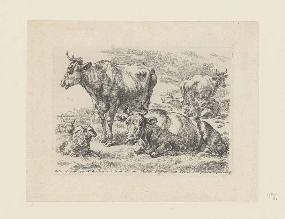 Staande en liggende koe met schapen en koe die gemolken wordt
(serie: Dieren)