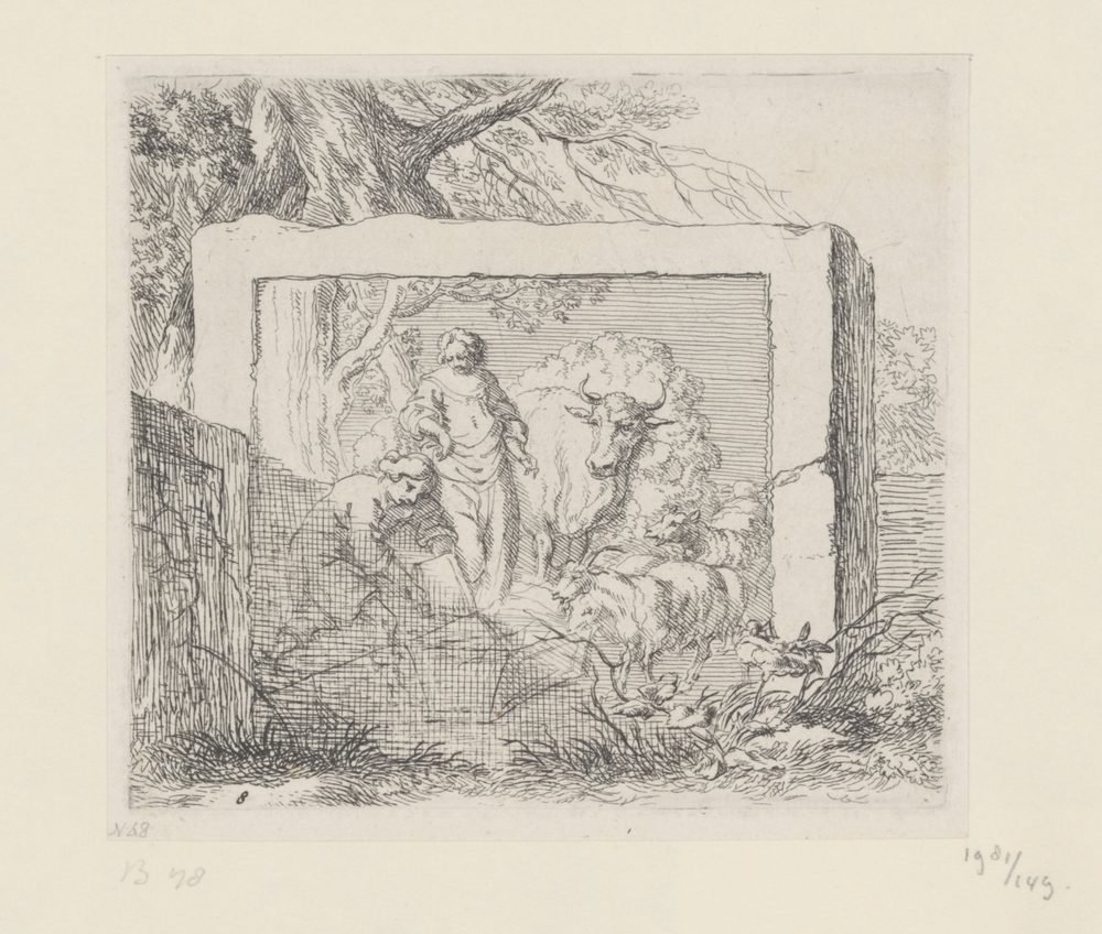 Steenblok met bas-reliëf met een voorstelling van een herder die water in een drinkbak giet (serie: Schapen)