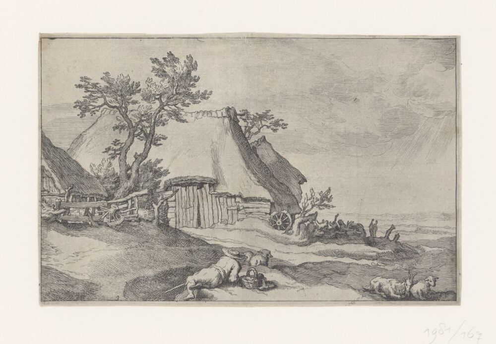 Boerderij met liggende boer, schapen en geiten (serie: Landschappen met boerderijen)