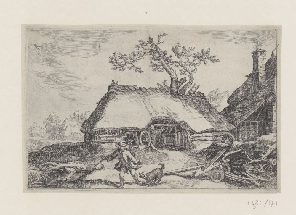 Boerderij en man en blaffende hond (serie: Landschappen met boerderijen)