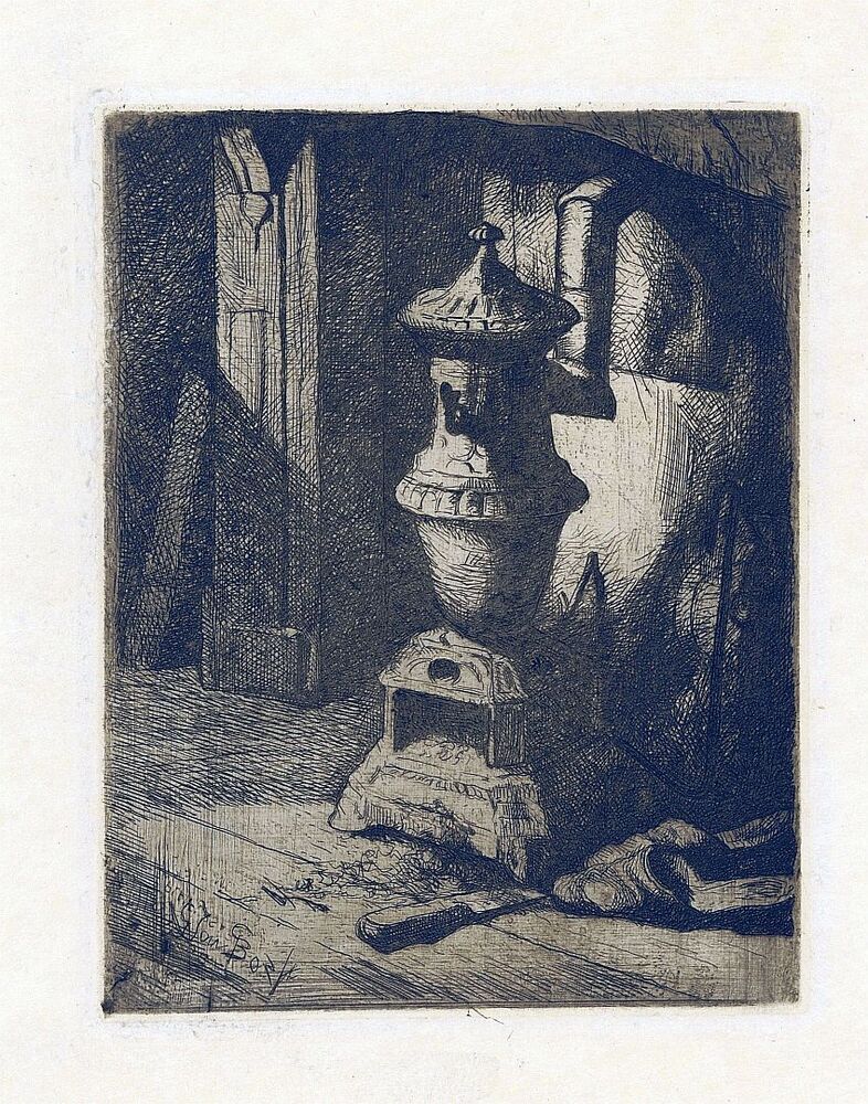 Studie van een interieur met kachel