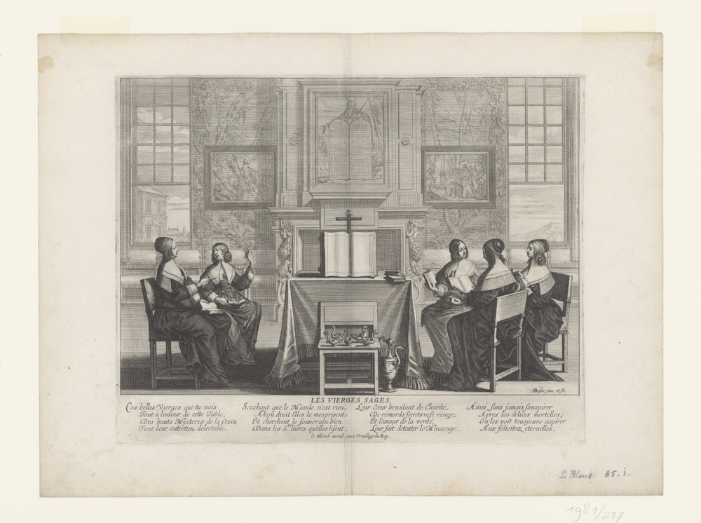 Vijf wijze maagden amuseren zich met vrome activiteiten (serie: Gelijkenis van de wijze en de dwaze maagden)