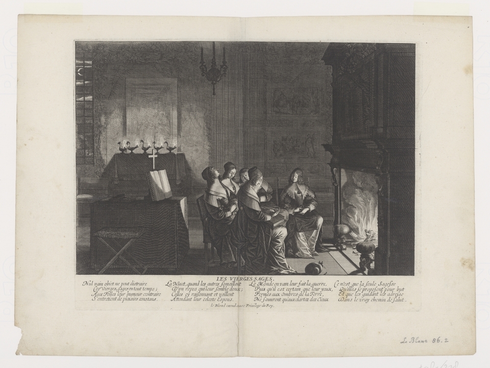 Vijf wijze maagden rustend bij het haardvuur (serie: Gelijkenis van de wijze en de dwaze maagden)