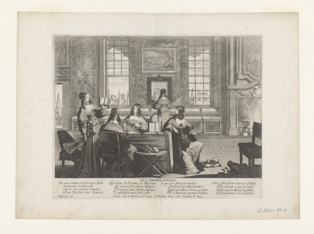 Vijf dwaze maagden amuseren zich met wereldse geneugten (uit de serie: Gelijkenis van de wijze en de dwaze maagden)