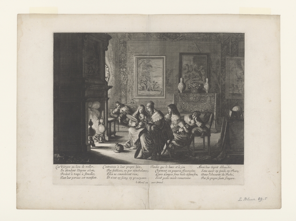 Vijf dwaze maagden rustend bij het haardvuur (serie: Gelijkenis van de wijze en de dwaze maagden)